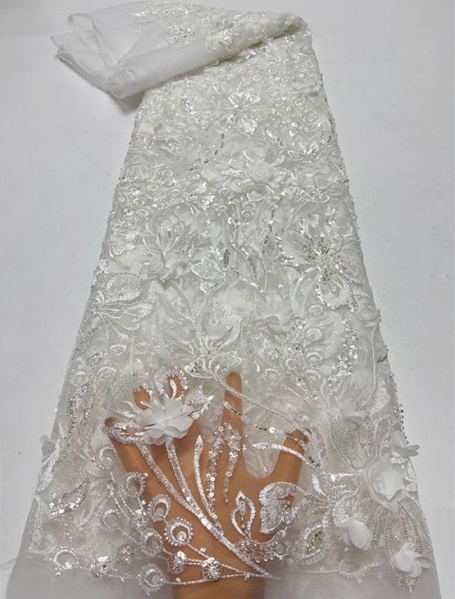 5 Yards Colorful Sequins Pearls Beaded Embroidered 3D Floral Lace Material Fabric For Dresses JC015