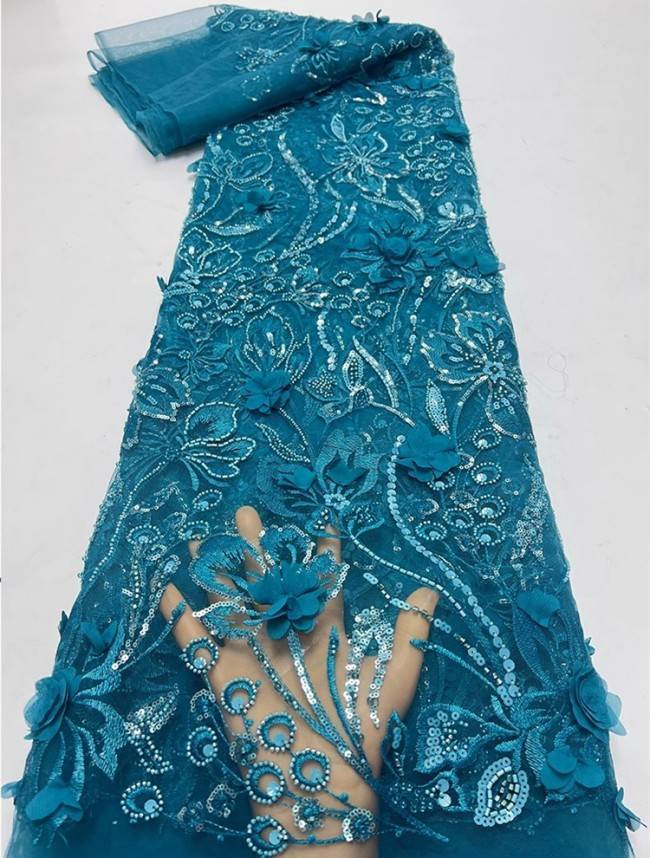 5 Yards Colorful Sequins Pearls Beaded Embroidered 3D Floral Lace Material Fabric For Dresses JC015
