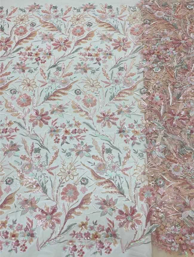 5 Yards Colorful Sequins Pearls Beaded Embroidered 3D Floral Lace Material Fabric For Dresses JC016