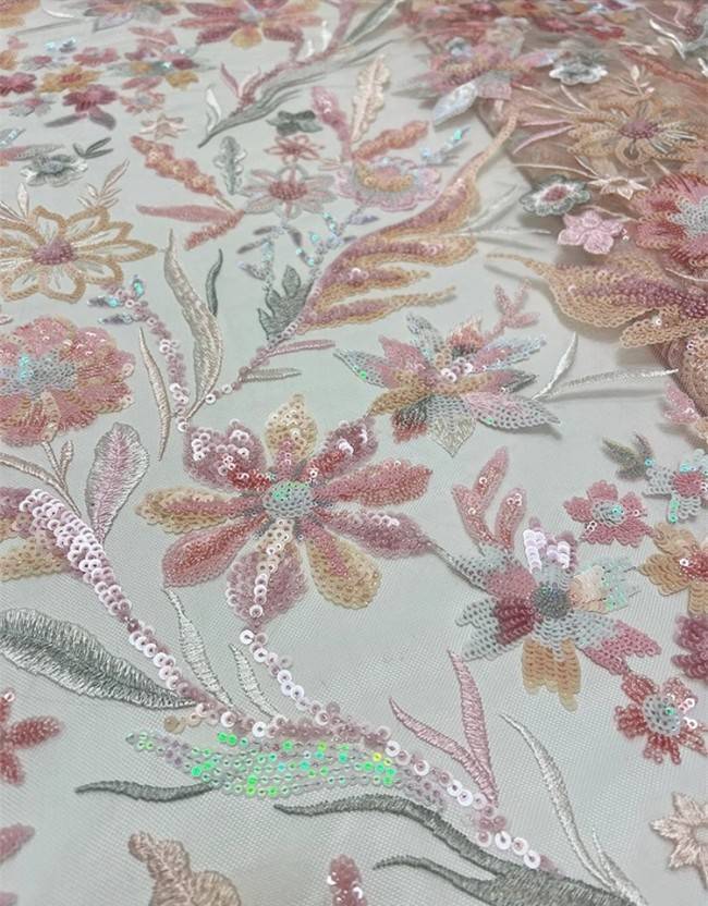 5 Yards Colorful Sequins Pearls Beaded Embroidered 3D Floral Lace Material Fabric For Dresses JC016