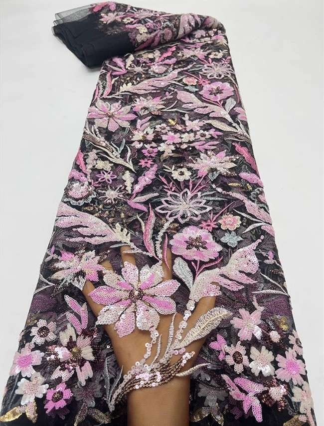 5 Yards Colorful Sequins Pearls Beaded Embroidered 3D Floral Lace Material Fabric For Dresses JC016