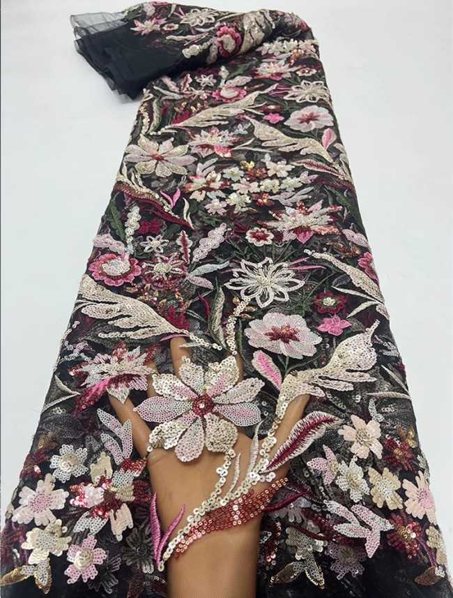 5 Yards Colorful Sequins Pearls Beaded Embroidered 3D Floral Lace Material Fabric For Dresses JC016