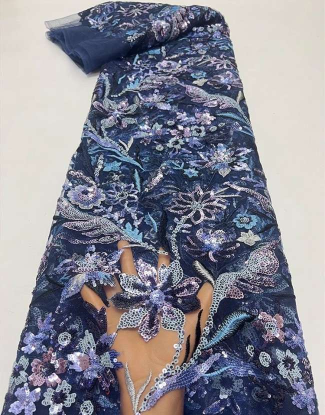 5 Yards Colorful Sequins Pearls Beaded Embroidered 3D Floral Lace Material Fabric For Dresses JC016