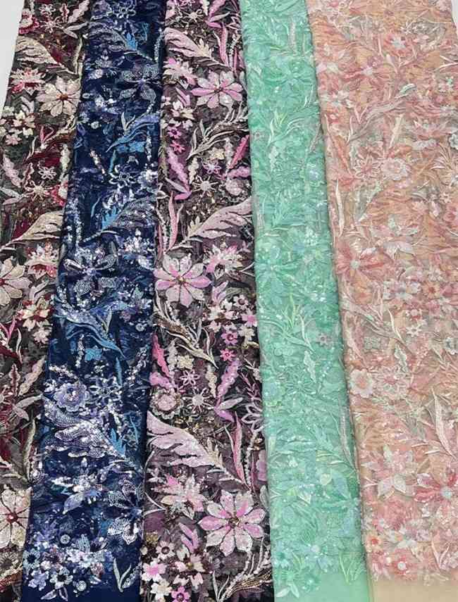 5 Yards Colorful Sequins Pearls Beaded Embroidered 3D Floral Lace Material Fabric For Dresses JC016