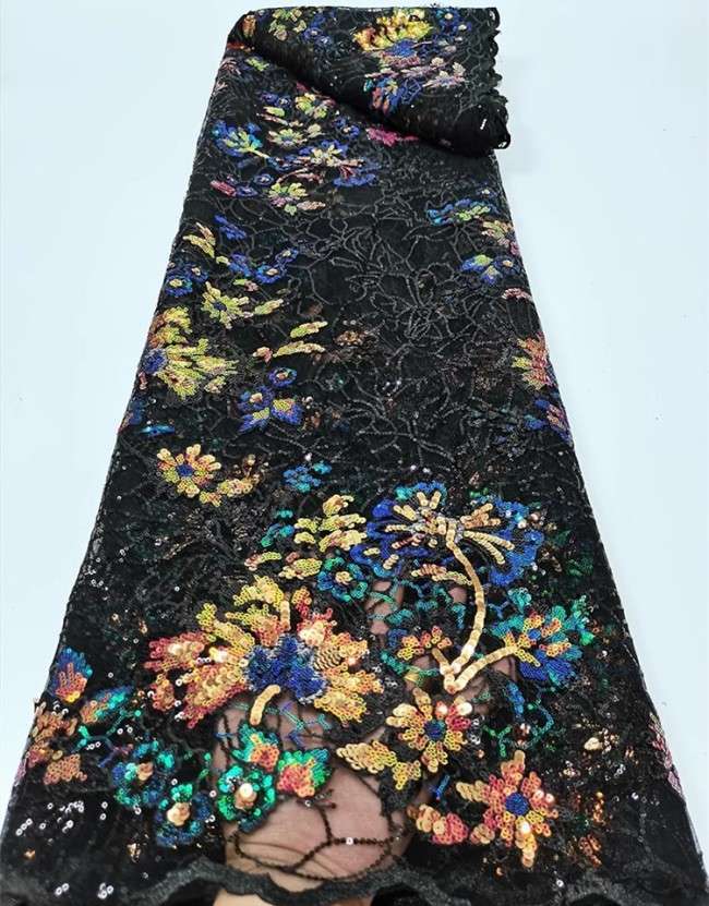 5 Yards Colorful Sequins Pearls Beaded Embroidered 3D Floral Lace Material Fabric For Dresses JC018