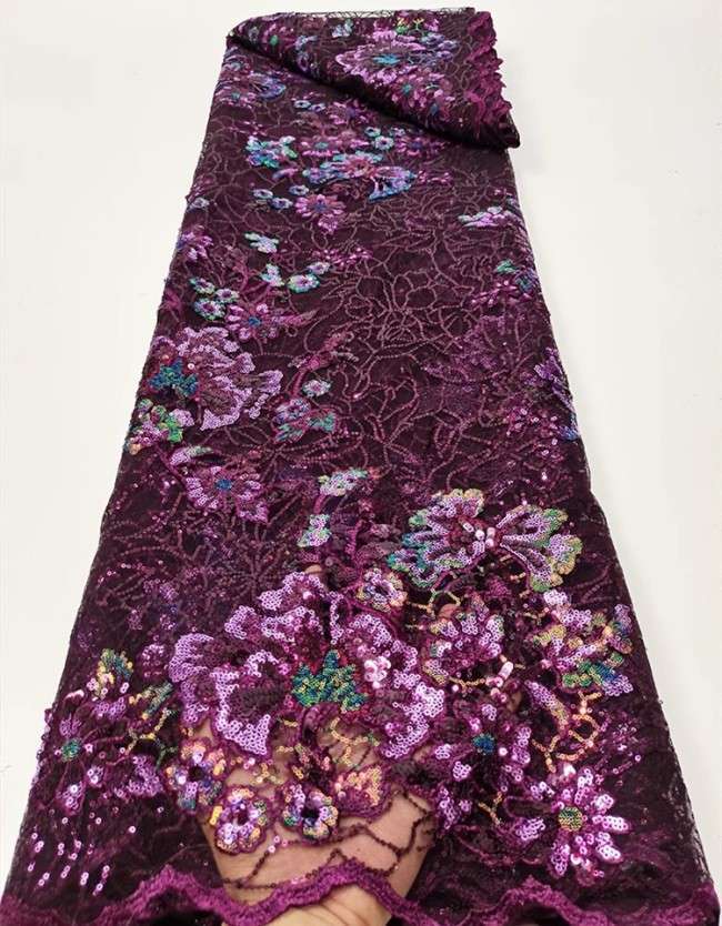 5 Yards Colorful Sequins Pearls Beaded Embroidered 3D Floral Lace Material Fabric For Dresses JC018