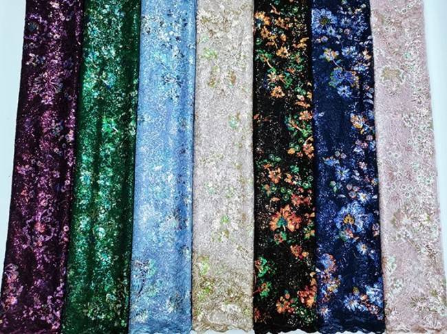 5 Yards Colorful Sequins Pearls Beaded Embroidered 3D Floral Lace Material Fabric For Dresses JC018