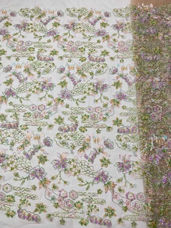 5 Yards Colorful Sequins Pearls Beaded Embroidered 3D Floral Lace Material Fabric For Dresses JC026