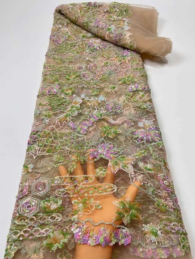 5 Yards Colorful Sequins Pearls Beaded Embroidered 3D Floral Lace Material Fabric For Dresses JC026