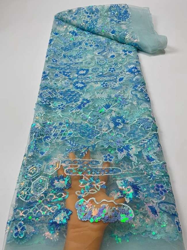 5 Yards Colorful Sequins Pearls Beaded Embroidered 3D Floral Lace Material Fabric For Dresses JC026
