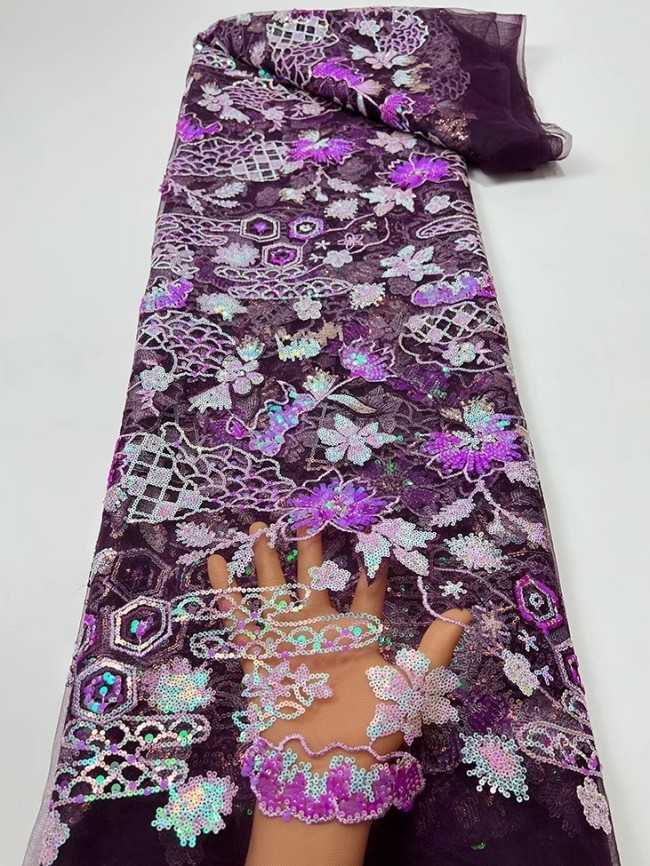 5 Yards Colorful Sequins Pearls Beaded Embroidered 3D Floral Lace Material Fabric For Dresses JC026