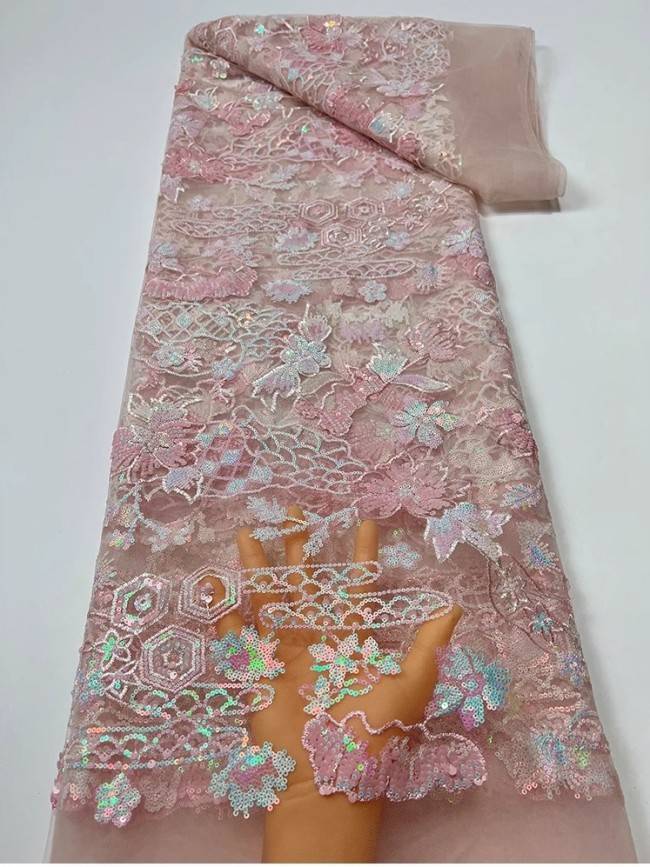 5 Yards Colorful Sequins Pearls Beaded Embroidered 3D Floral Lace Material Fabric For Dresses JC026
