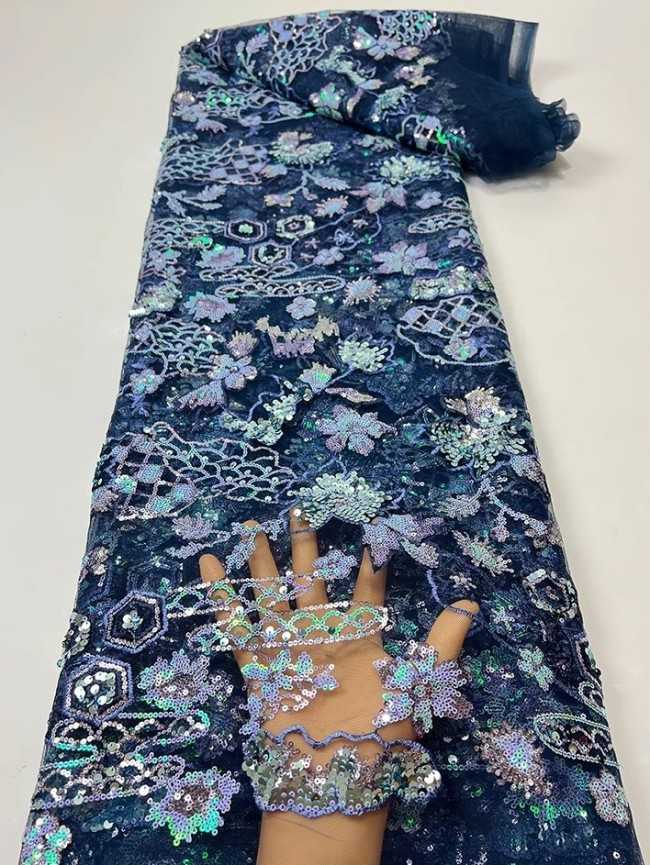 5 Yards Colorful Sequins Pearls Beaded Embroidered 3D Floral Lace Material Fabric For Dresses JC026
