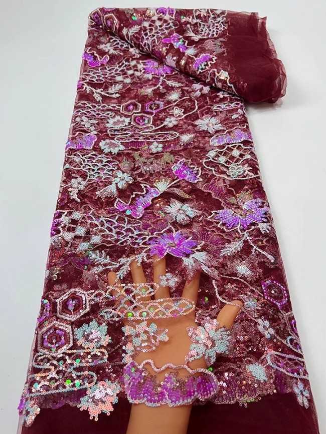 5 Yards Colorful Sequins Pearls Beaded Embroidered 3D Floral Lace Material Fabric For Dresses JC026