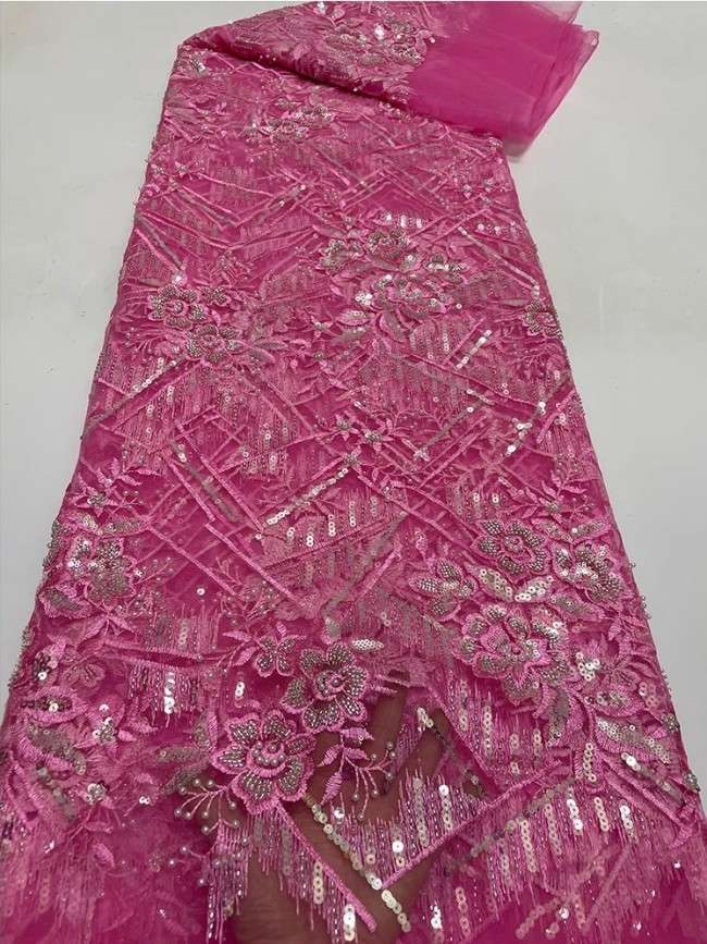 5 Yards Colorful Sequins Pearls Beaded Embroidered 3D Floral Lace Material Fabric For Dresses JC028