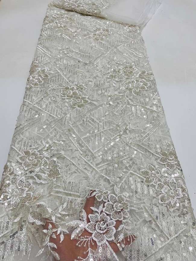 5 Yards Colorful Sequins Pearls Beaded Embroidered 3D Floral Lace Material Fabric For Dresses JC028