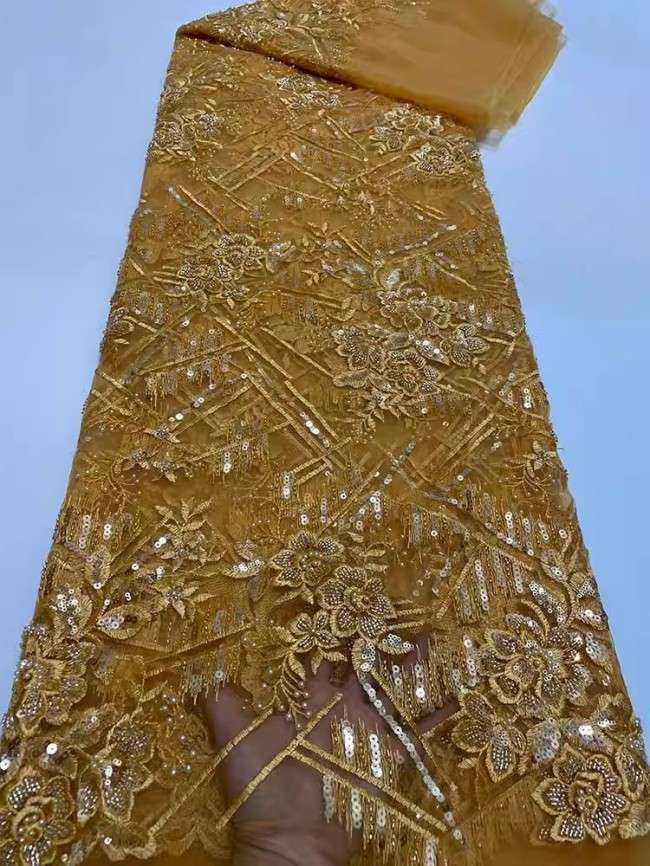 5 Yards Colorful Sequins Pearls Beaded Embroidered 3D Floral Lace Material Fabric For Dresses JC028