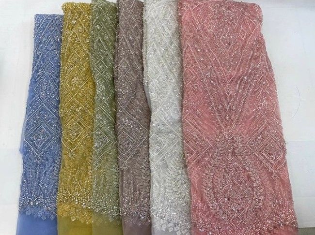 5 Yards Colorful Sequins Pearls Beaded Embroidered 3D Floral Lace Material Fabric For Dresses JC030