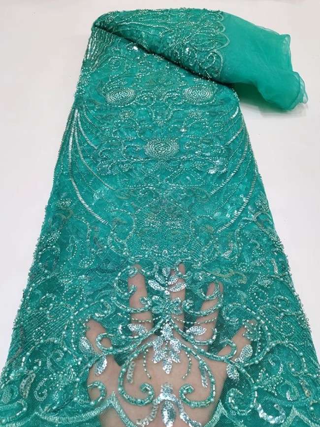 5 Yards Colorful Sequins Pearls Beaded Embroidered 3D Floral Lace Material Fabric For Dresses JC031