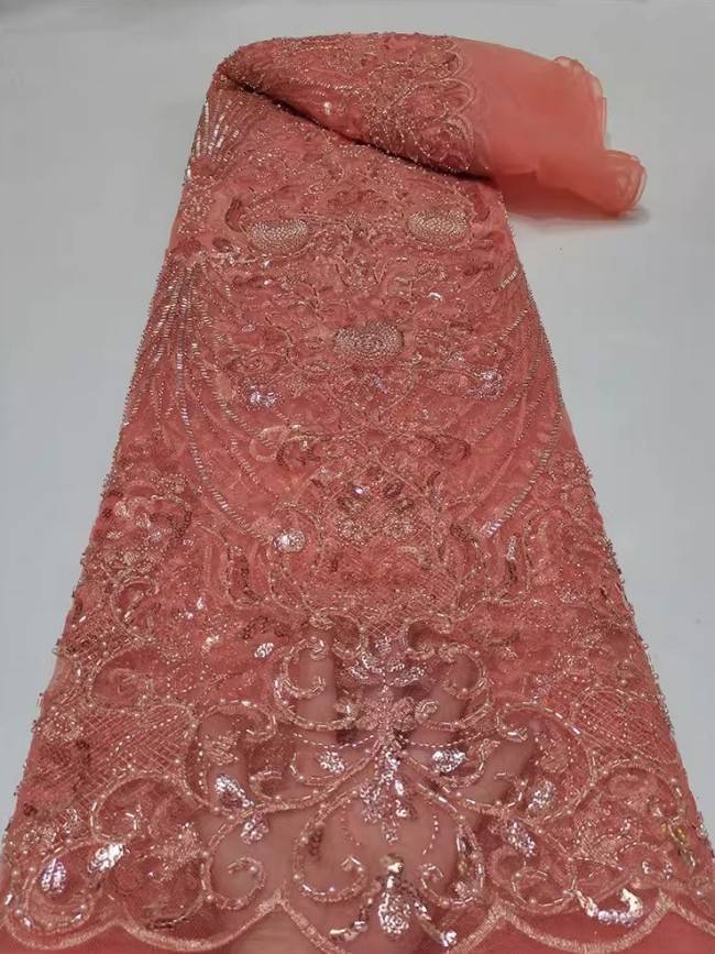 5 Yards Colorful Sequins Pearls Beaded Embroidered 3D Floral Lace Material Fabric For Dresses JC031