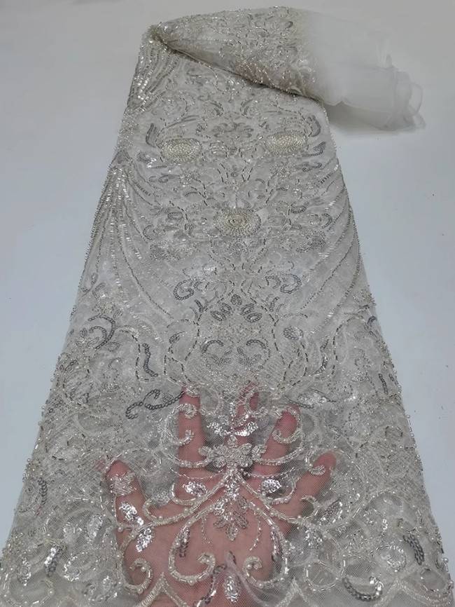 5 Yards Colorful Sequins Pearls Beaded Embroidered 3D Floral Lace Material Fabric For Dresses JC031