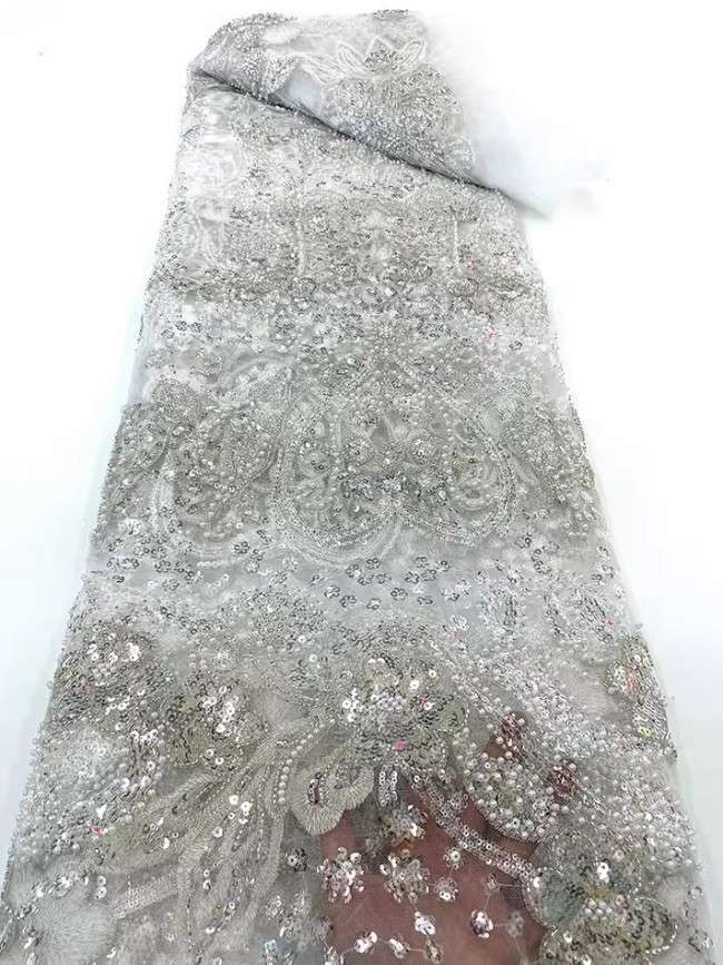 5 Yards Colorful Sequins Pearls Beaded Embroidered 3D Floral Lace Material Fabric For Dresses JC034