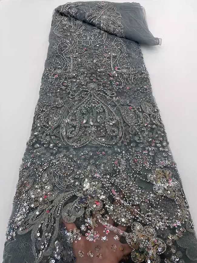 5 Yards Colorful Sequins Pearls Beaded Embroidered 3D Floral Lace Material Fabric For Dresses JC034