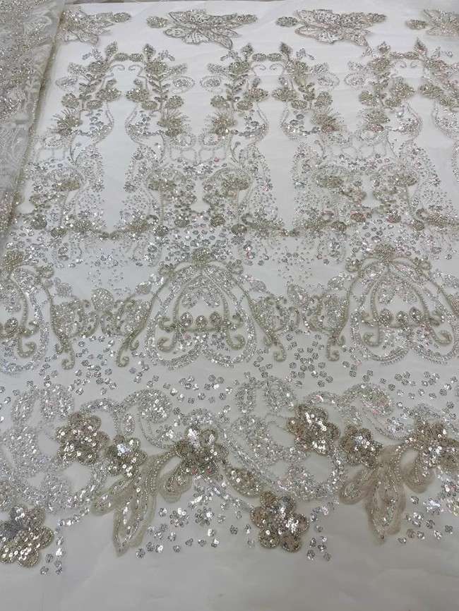 5 Yards Colorful Sequins Pearls Beaded Embroidered 3D Floral Lace Material Fabric For Dresses JC034