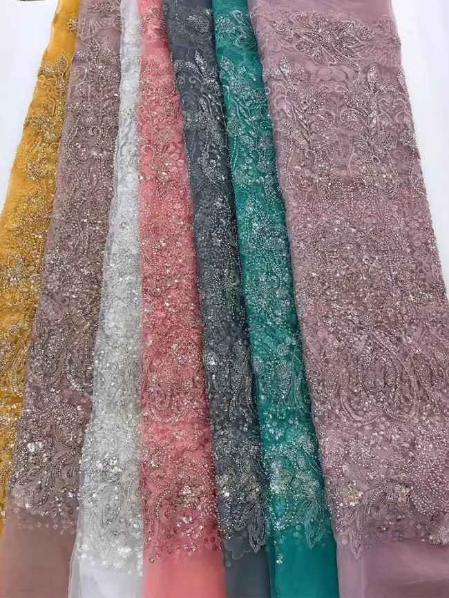 5 Yards Colorful Sequins Pearls Beaded Embroidered 3D Floral Lace Material Fabric For Dresses JC034