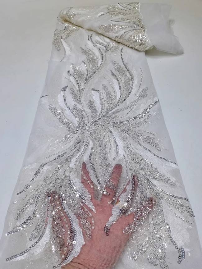 5 Yards Colorful Sequins Pearls Beaded Embroidered 3D Floral Lace Material Fabric For Dresses JC035