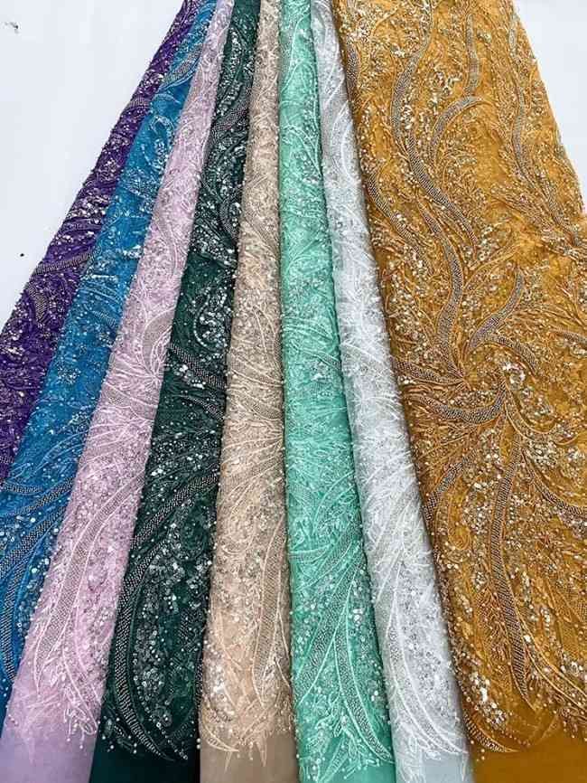 5 Yards Colorful Sequins Pearls Beaded Embroidered 3D Floral Lace Material Fabric For Dresses JC036