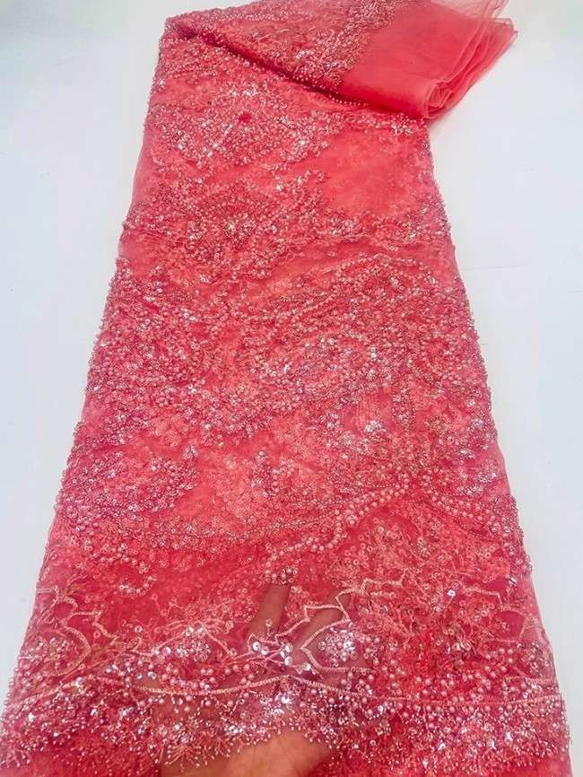 5 Yards Colorful Sequins Pearls Beaded Embroidered 3D Floral Lace Material Fabric For Dresses JC037