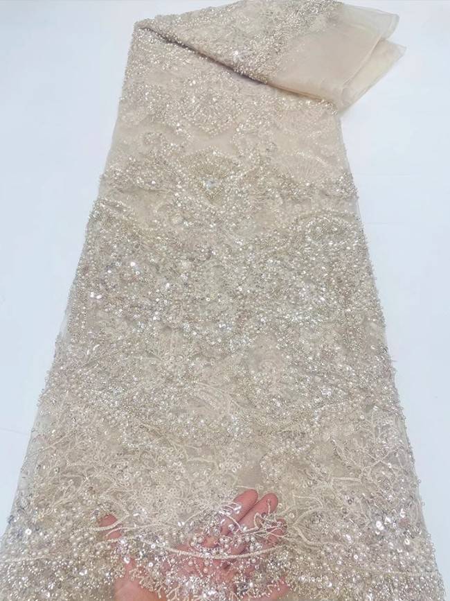 5 Yards Colorful Sequins Pearls Beaded Embroidered 3D Floral Lace Material Fabric For Dresses JC037