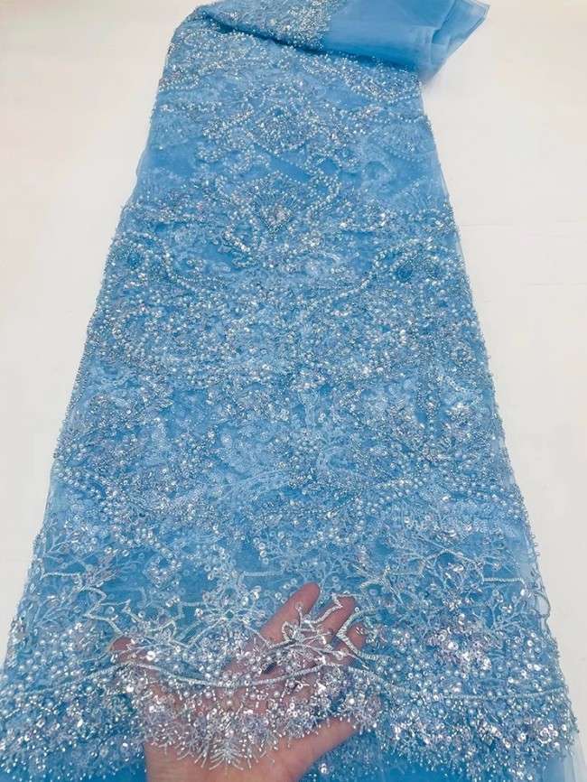 5 Yards Colorful Sequins Pearls Beaded Embroidered 3D Floral Lace Material Fabric For Dresses JC037