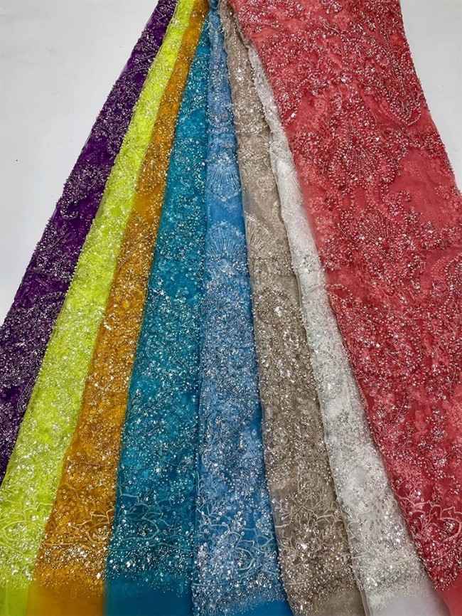 5 Yards Colorful Sequins Pearls Beaded Embroidered 3D Floral Lace Material Fabric For Dresses JC037