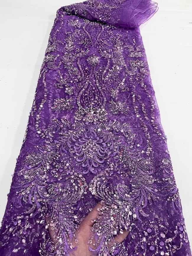 5 Yards Colorful Sequins Pearls Beaded Embroidered 3D Floral Lace Material Fabric For Dresses JC038