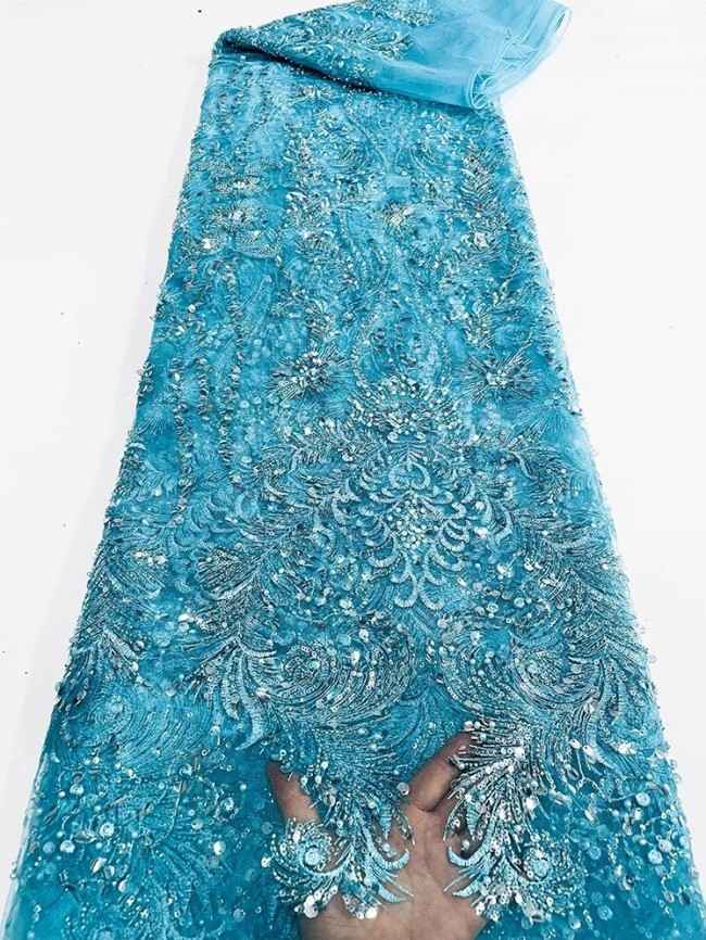 5 Yards Colorful Sequins Pearls Beaded Embroidered 3D Floral Lace Material Fabric For Dresses JC038