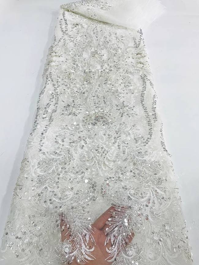 5 Yards Colorful Sequins Pearls Beaded Embroidered 3D Floral Lace Material Fabric For Dresses JC038