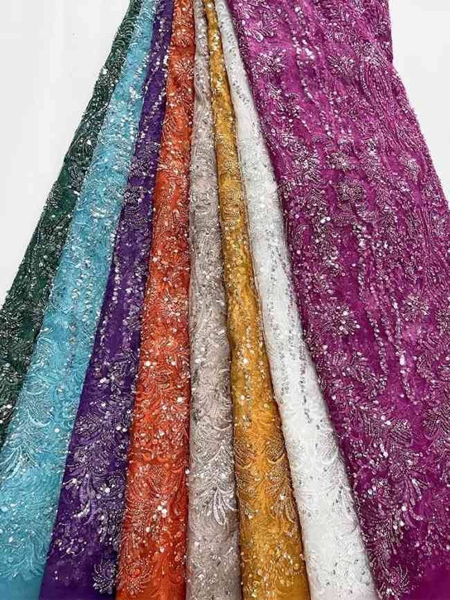 5 Yards Colorful Sequins Pearls Beaded Embroidered 3D Floral Lace Material Fabric For Dresses JC038