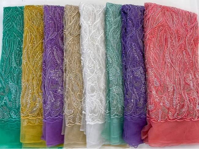5 Yards Colorful Sequins Pearls Beaded Embroidered 3D Floral Lace Material Fabric For Dresses JC039