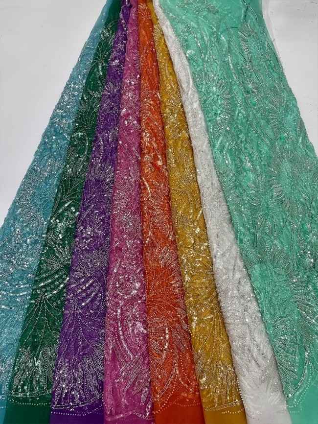 5 Yards Colorful Sequins Pearls Beaded Embroidered 3D Floral Lace Material Fabric For Dresses JC040