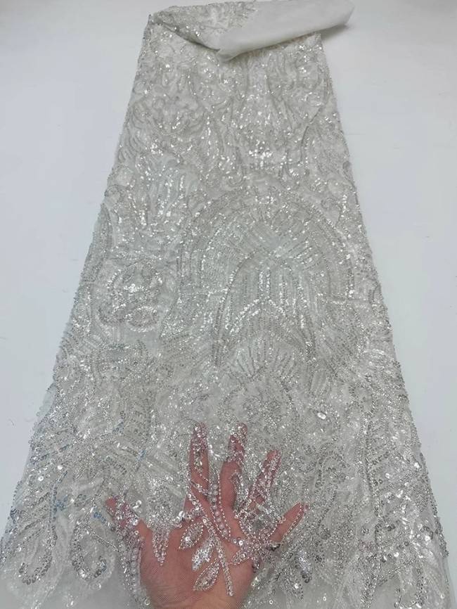 5 Yards Colorful Sequins Pearls Beaded Embroidered 3D Floral Lace Material Fabric For Dresses JC042