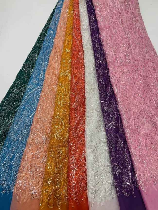 5 Yards Colorful Sequins Pearls Beaded Embroidered 3D Floral Lace Material Fabric For Dresses JC042