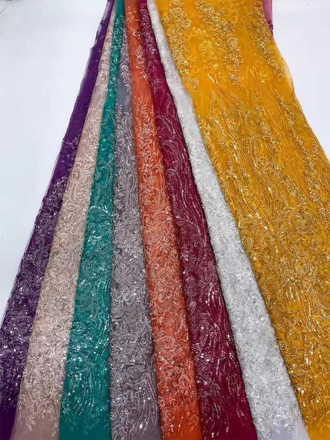 5 Yards Colorful Sequins Pearls Beaded Embroidered 3D Floral Lace Material Fabric For Dresses JC043