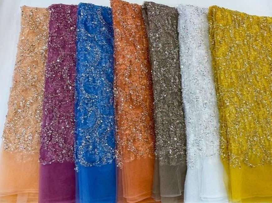 5 Yards Colorful Sequins Pearls Beaded Embroidered 3D Floral Lace Material Fabric For Dresses JC044
