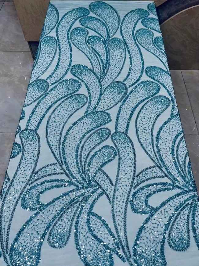 5 Yards Colorful Sequins Pearls Beaded Embroidered 3D Floral Lace Material Fabric For Dresses JC047