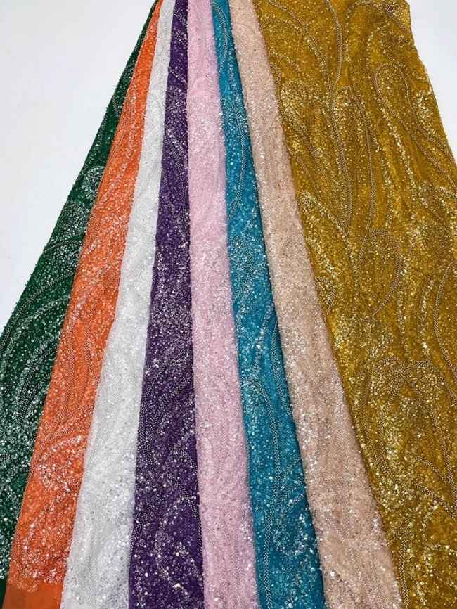 5 Yards Colorful Sequins Pearls Beaded Embroidered 3D Floral Lace Material Fabric For Dresses JC047