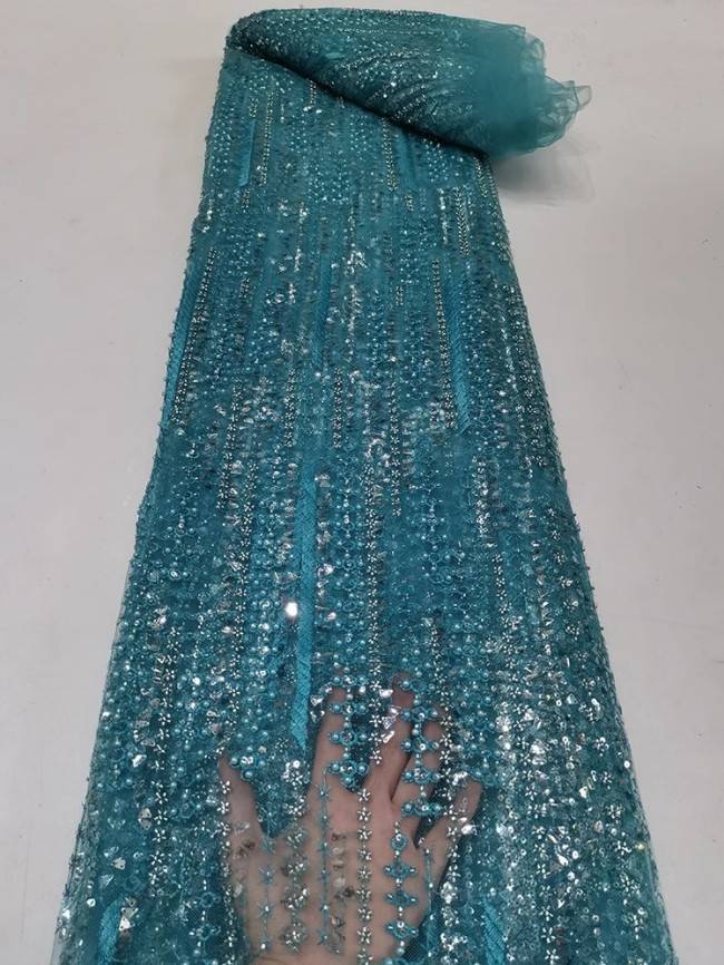 5 Yards Colorful Sequins Pearls Beaded Embroidered 3D Floral Lace Material Fabric For Dresses JC048