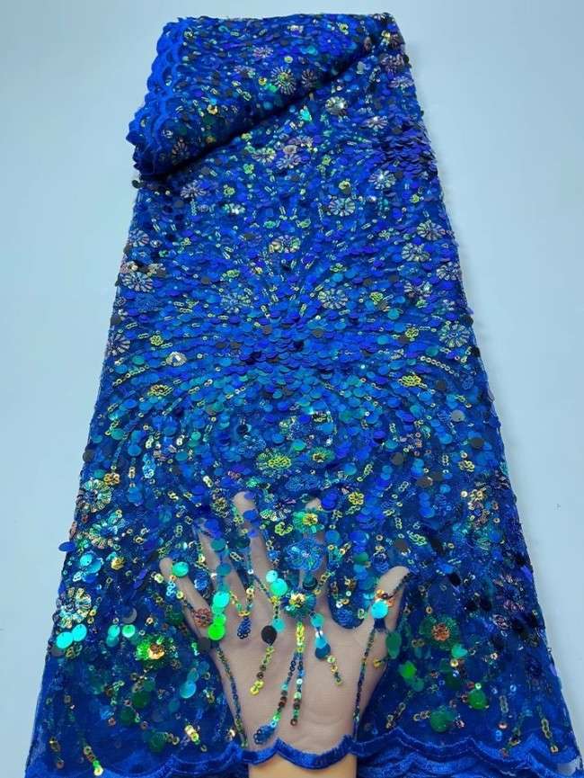 5 Yards Colorful Sequins Pearls Beaded Embroidered 3D Floral Lace Material Fabric For Dresses JC052