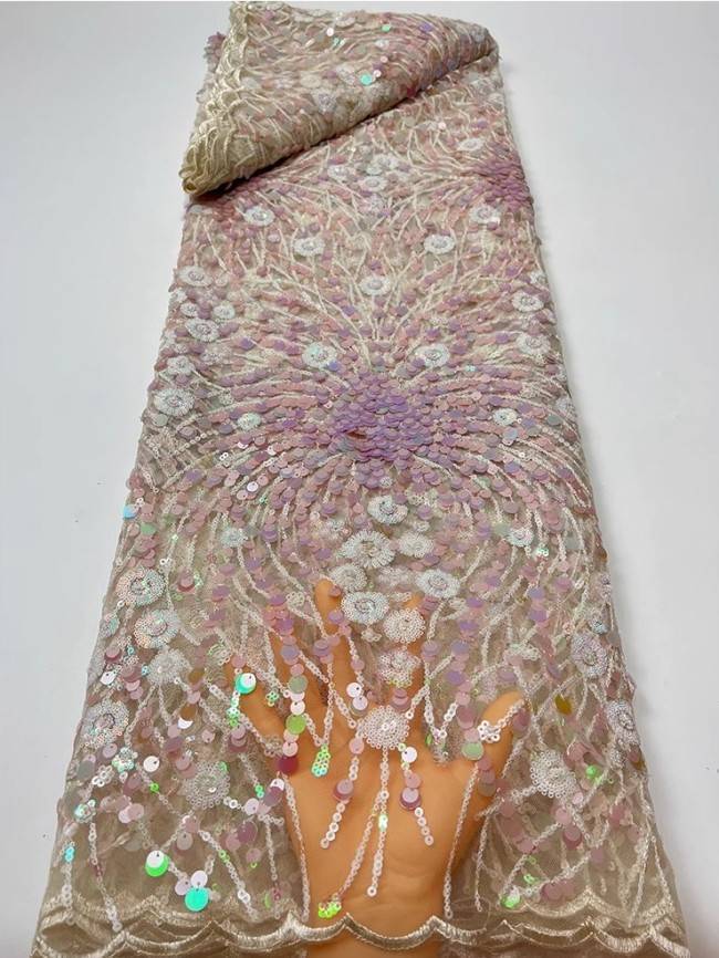 5 Yards Colorful Sequins Pearls Beaded Embroidered 3D Floral Lace Material Fabric For Dresses JC052